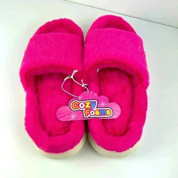 COZY FOAMS SZ LG 9-10 HOT PINK FLUFFY FURRY TOP WHITE PLATFORM SOLE - Picture 1 of 5